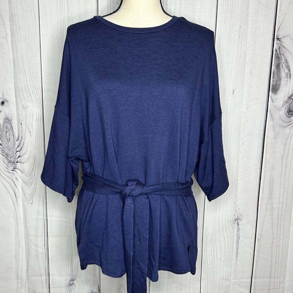 SHOP BASIC USA Tunic Top Boutique Tie Front Short Sleeve Sz S Blue Knit